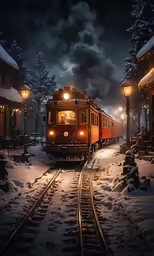 a red train moving along the tracks at night