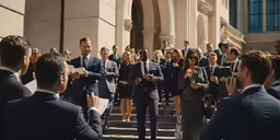 several people in suits and sunglasses walking down the street
