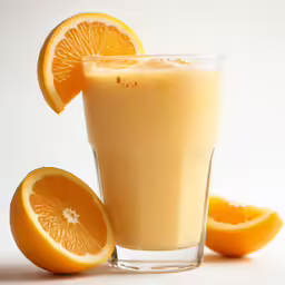 there is a glass with orange juice next to some cut up oranges