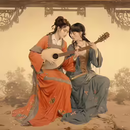 two women in vintage costumes are playing the guitar