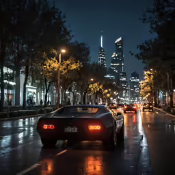 there is a very tall building behind a car in the street