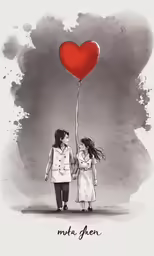 the two children are holding a heart balloon