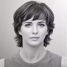 a woman wearing grey looking at the camera
