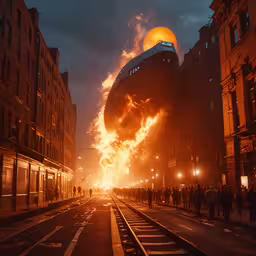 a large building on fire burning near many people,a huge object that looks like a fire is blazing up in the sky