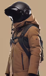 a person wearing a jacket with a helmet and a backpack