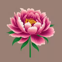 an artistically designed illustration of a large flower,pink peony flower with leaves on dark brown background