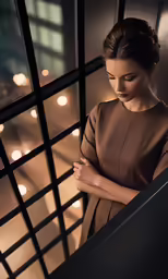 woman in brown standing on balcony with lights behind her