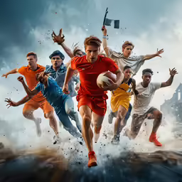a group of men playing a game of football in water