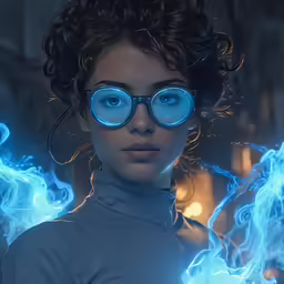 woman wearing blue goggles and posing with fire