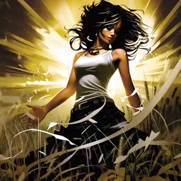 the woman in black is walking through the grass,a painting of a woman running through some tall grass