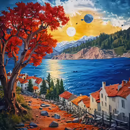 the painting depicts a scenic landscape of red houses