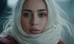 a woman wearing a red leather jacket and white scarf