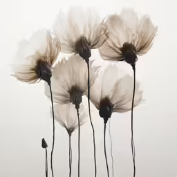 five beautiful white flowers with dark stems