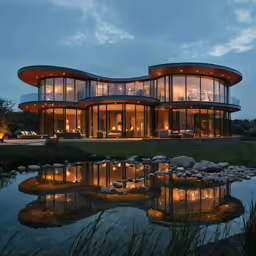 a modern house built around rocks in the evening