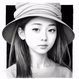 the girl in the hat looks into the camera