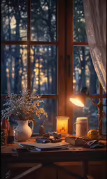 a desk with a lamp and flowers on it