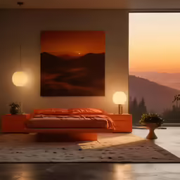 an empty bedroom with a mountain view, a large painting on the wall and an ottoman