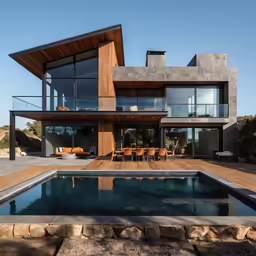 a pool outside a modern house with a wooden deck