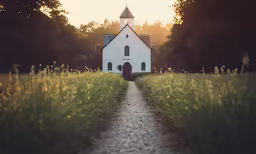 a photo taken through the doorway looking towards a church