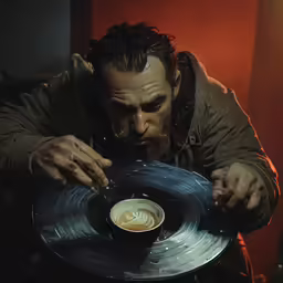the man is examining a silver plate that holds a coffee cup in his right hand