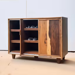 a modern looking shelf unit that holds many pieces of wood