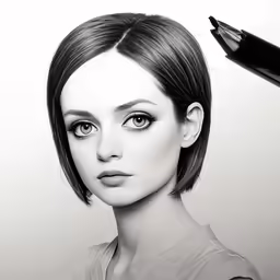 a black and white photo of a woman with dark hair, the bottom half of her face obscured by a pen