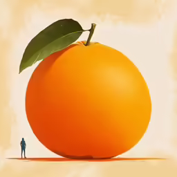 a man is standing next to an orange