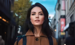 a woman is walking down a city street