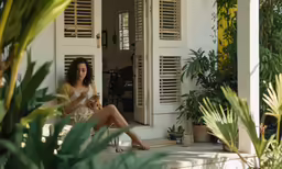 the woman is sitting outside of the white building