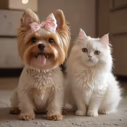 a small dog and cat standing side by side