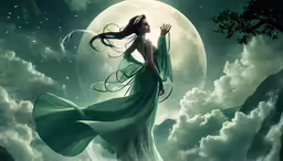 a woman in a long dress is standing under the moon