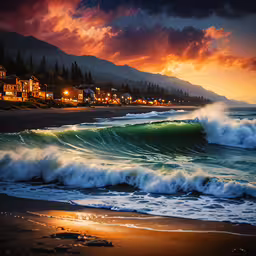 a sunset shot with a large wave coming toward the shore,a beach with houses near the ocean and waves