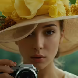 woman wearing a hat that is holding a camera