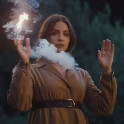 a woman holding a white smoke plume next to her face