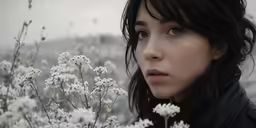 a beautiful woman stands amongst a bunch of white flowers