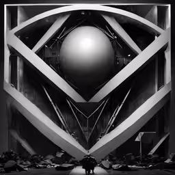 an abstract building with a large ball at the center,a black and white photograph of people standing under a large sphere