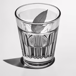 a glass with a leaf on the side