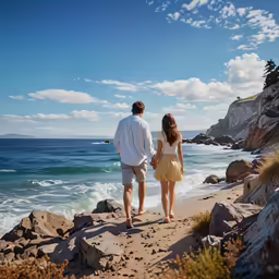 a man and woman holding hands while walking along the beach