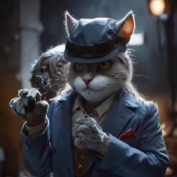 a cat dressed in a suit and top hat with his paw pointing out