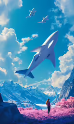 there are two people standing by a flying rocket