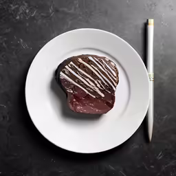 a white plate with a piece of brownie and a pencil