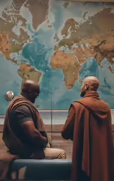 two people sitting on a bench in front of a large map
