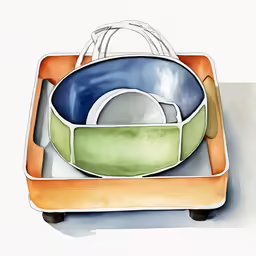 the tray is holding a bowl and three dishes
