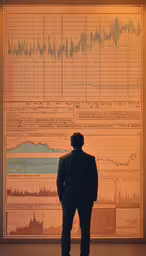 a person is looking at the computer screen that shows graph files,a man looking at a large, colorful sound art work