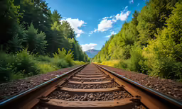 an image of railroad tracks near some woods