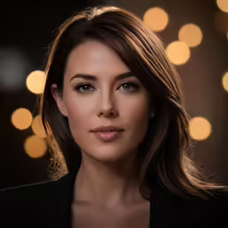 a woman with bright eyes and long dark hair