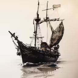 a large black and white ship floating on the ocean