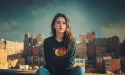 a beautiful young woman posing in front of a city
