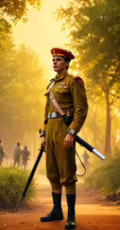 an indian soldier poses in uniform holding two rifle