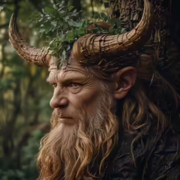 an adult male with long beard and massive horns standing under a tree